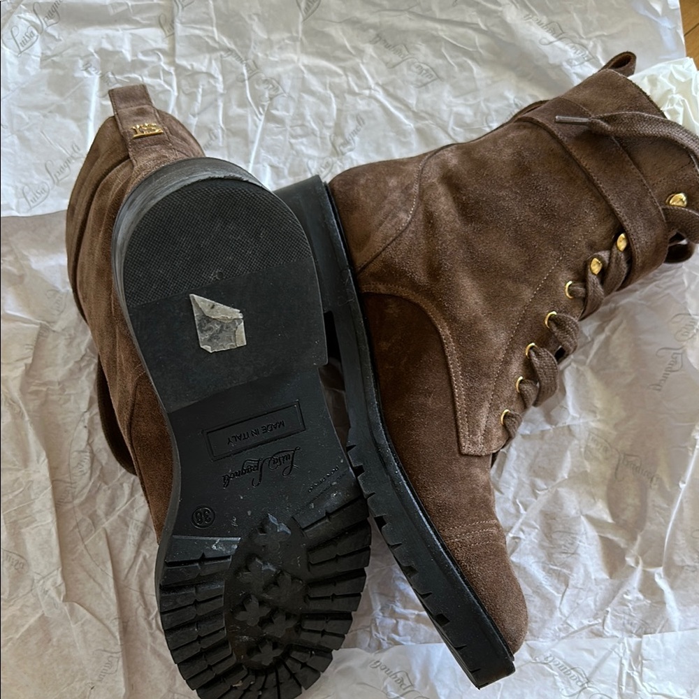 Luisa Spagnoli Brown Suede lace up Boots with Gold Buckles size EU 38 US 7.5
